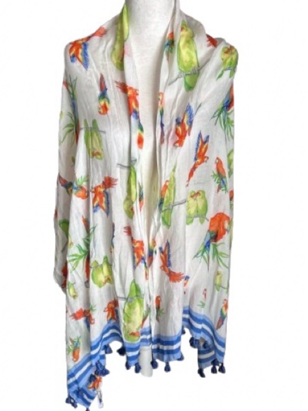 Modal Tropical Birds Scarf Wrap TALBOTS Tassels Fringe Boho Parrots McCaaws
